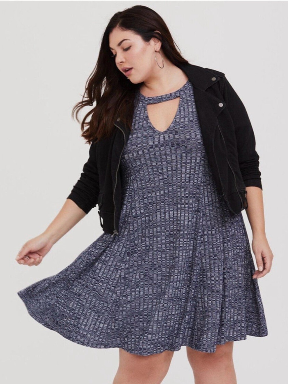 Torrid Navy Blue Ribbed Knit Choker Neck Cutter Out Skater Dress Plus Size